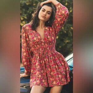 Mille Resort Claudia Floral Smocked Mini Dress V-Neck Long Sleeve S 100% Cotton